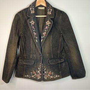 Apostrophe Black Floral Embroidered Hippie Boho Indie Festival Fitted Blazer 8P